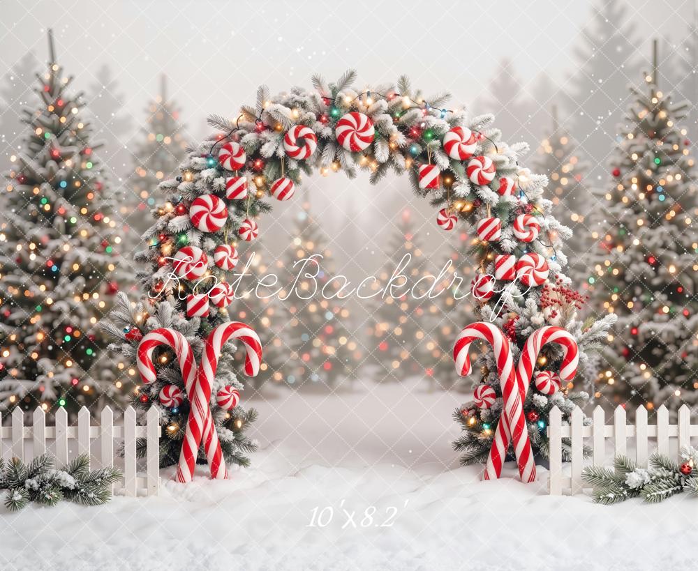 Kate Christmas Flower Arch Candy Cane Trees Fence Printed Backdrop Designed by Emetselch
