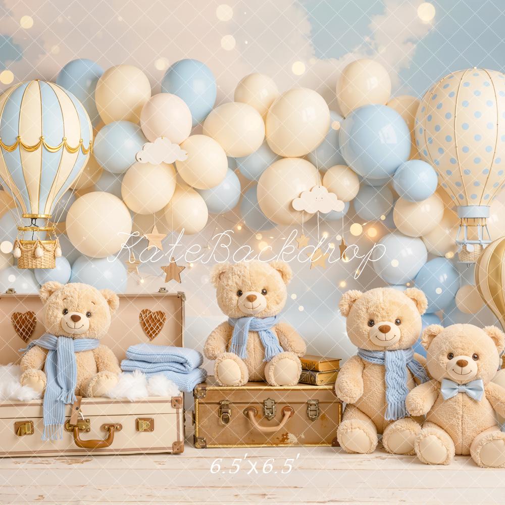 Kate Cake Smash Hot Air Balloon Teddy Bear Balloon Arch Blue Backdrop Designed by Chain Photography