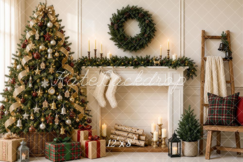 Kate Christmas Tree Fireplace Mantel Wreath Plaid Ladder Printed Backdrop Designed by Shutter Swan Studios