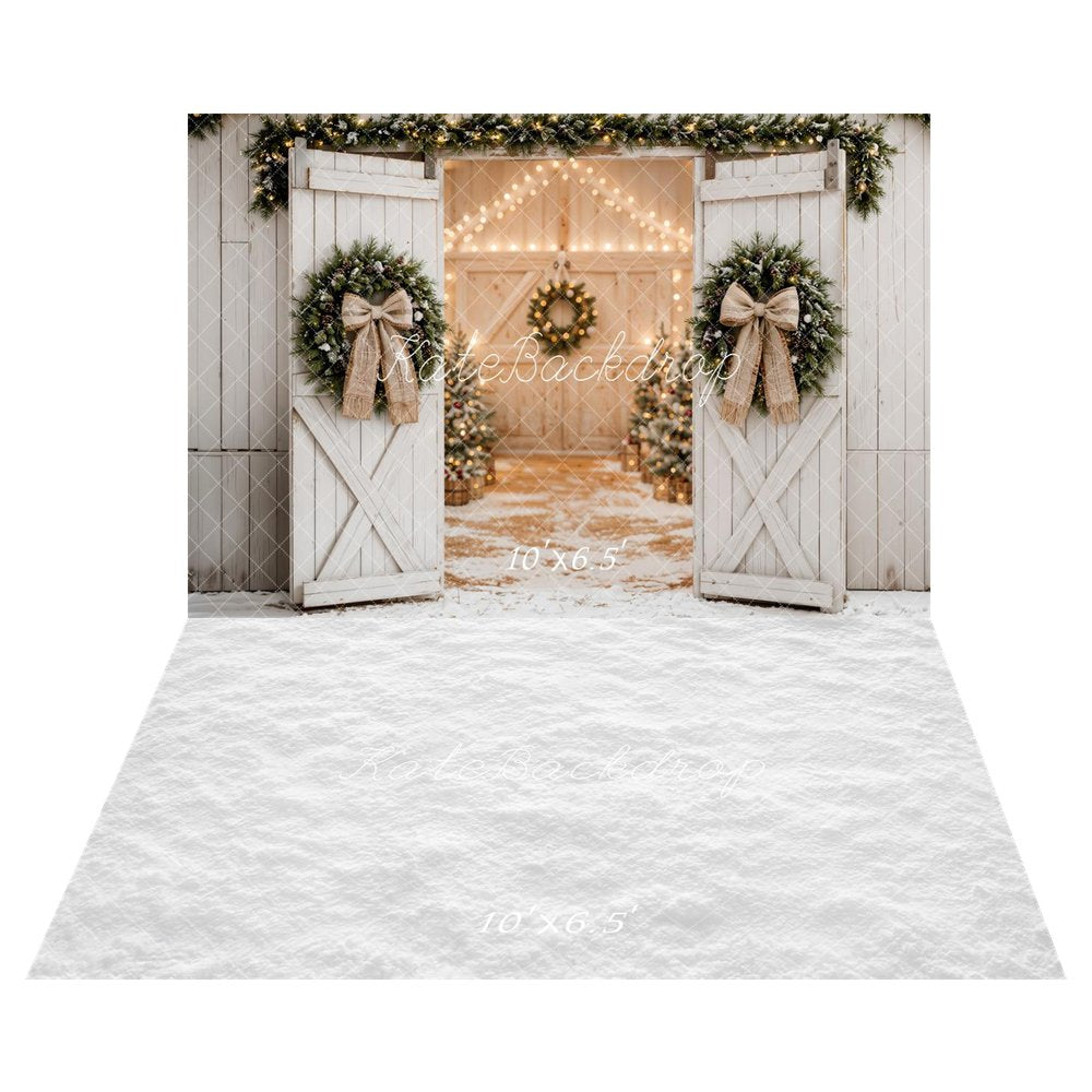 Kate Christmas White Barn Door Wreaths Bow Entryway Printed Backdrop+White Snow Floor Printed Backdrop