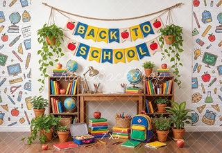 Kate Back To School Classroom Desk Books Plants Globe Printed Backdrop Designed by Emetselch