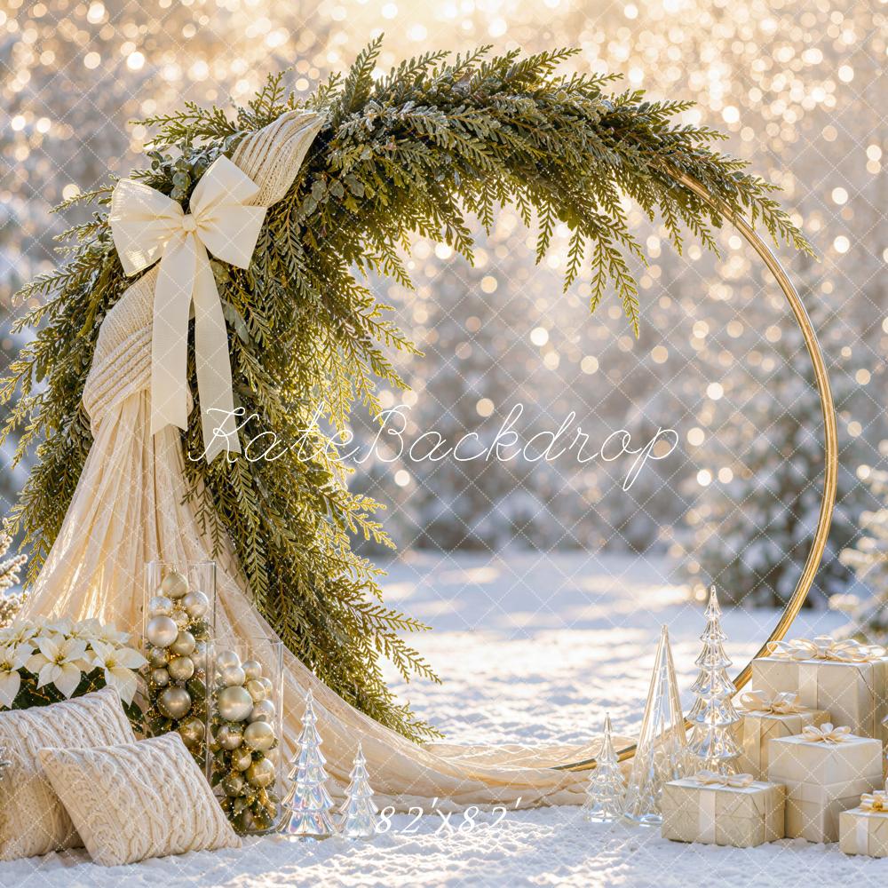 Kate Christmas Circle Arch Snowy Greenery Bow Snowy Printed Backdrop Designed by Mini MakeBelieve