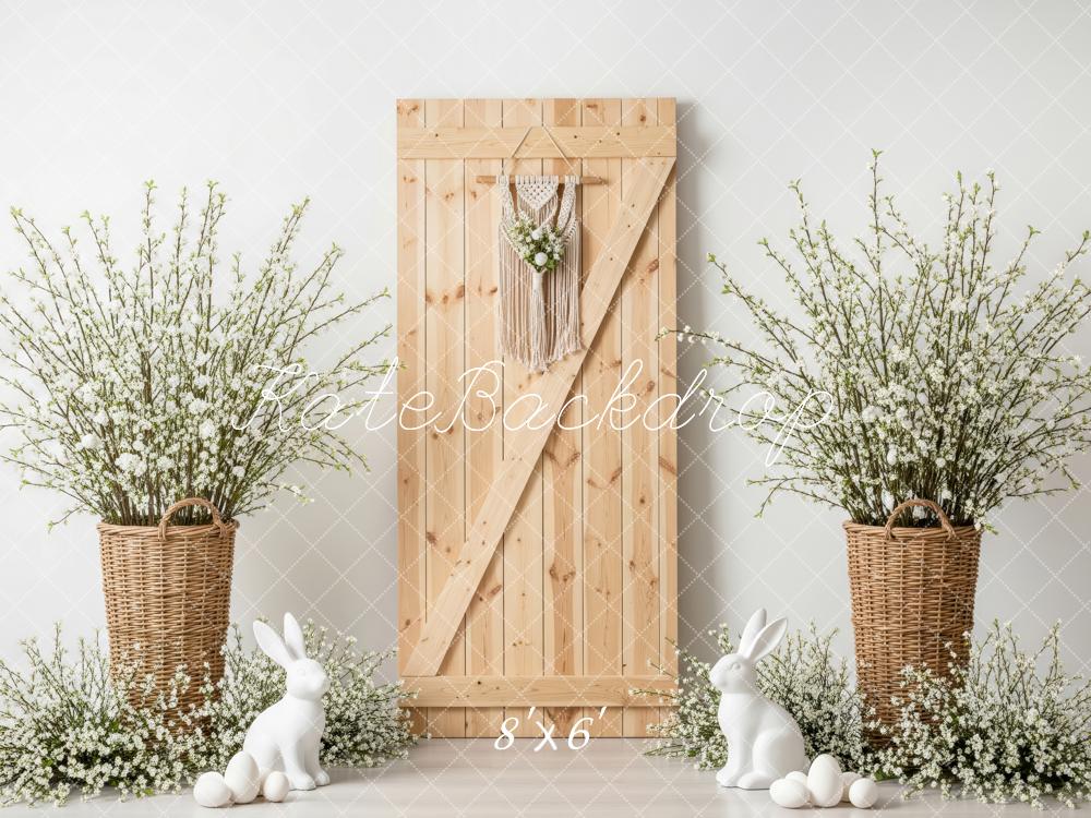 Kate Easter Bunny Wooden Door Wicker Baskets White Flowers Backdrop Designed by Patty Roberts