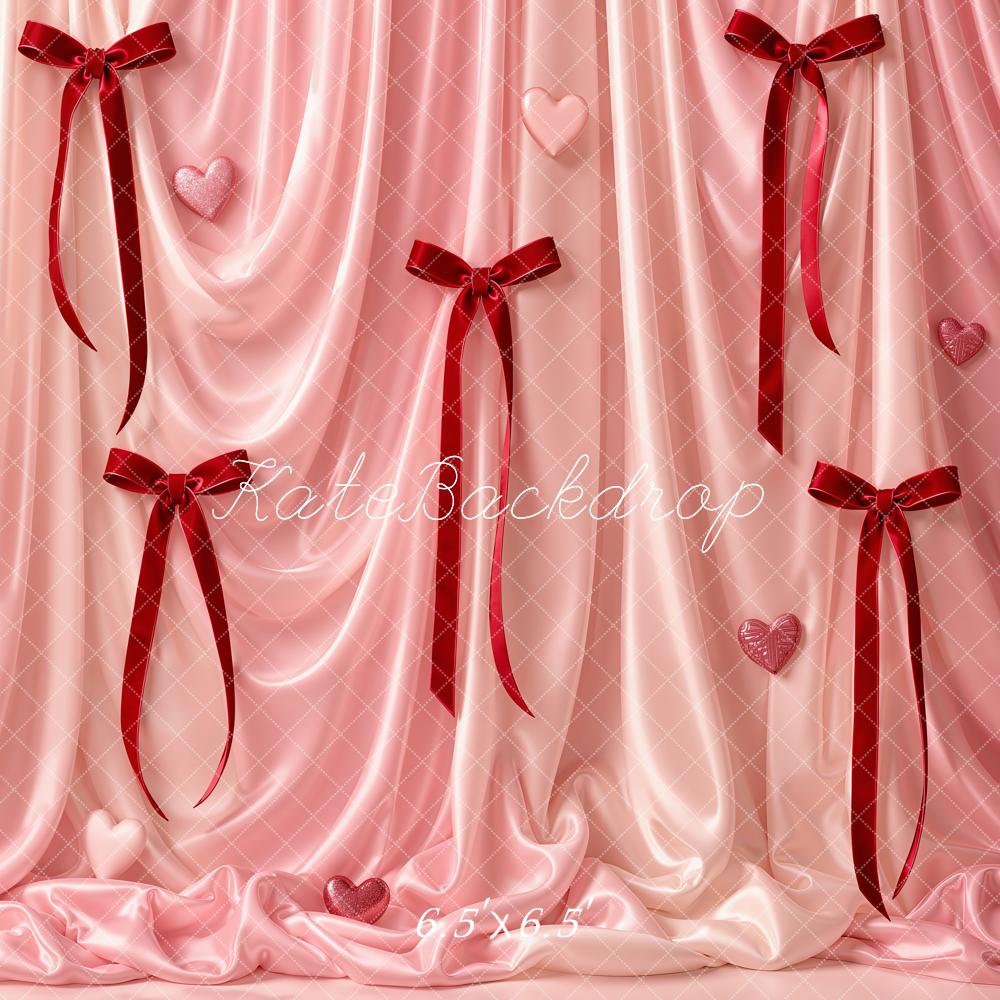 Kate Valentine's Day Pink Satin Drapes Ribbons Hearts Printed Backdrop Designed by Emetselch