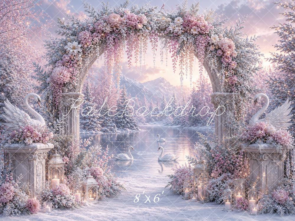 Kate Winter Wonderland Lavender Flower Arch Swan Lake Printed Backdrop Designed by Ashley Paul