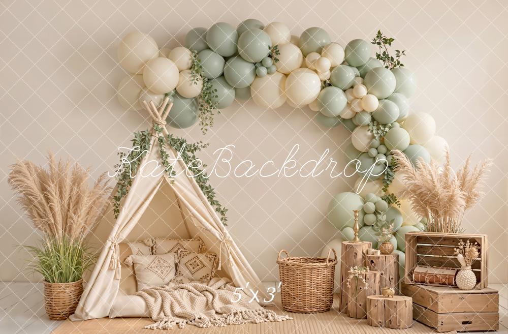 Kate Boho Balloon Arch Tent Pampas Grass Wood Crates Printed Backdrop Designed by Emetselch