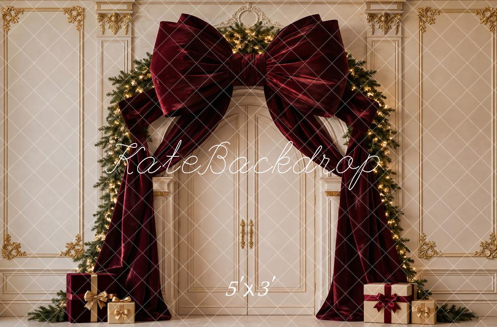 Kate Christmas Burgundy Velvet Bow Garland Arch Printed Backdrop Designed by Vertigo Productions