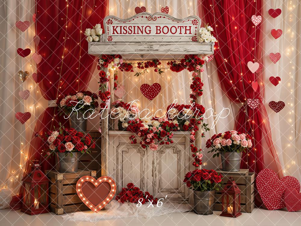 Kate Valentine's Day Red Kissing Booth Curtains Hearts Roses Printed Backdrop Designed by Emetselch