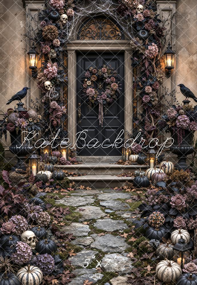 Kate Halloween Gothic Vintage Black Doorway Flower Arch Ravens Pumpkins Printed Backdrop Designed by Emetselch