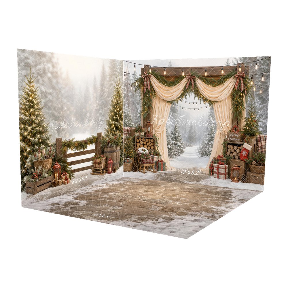 Kate Christmas Outdoor Arch Pine Garland Plaid Gifts Drapes Printed Backdrop Room Set