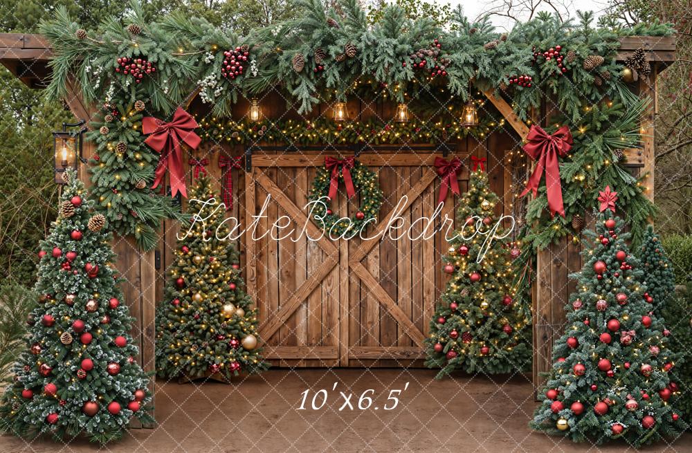 Kate Christmas Barn Door Garland Trees Bows Backdrop Designed by Emetselch