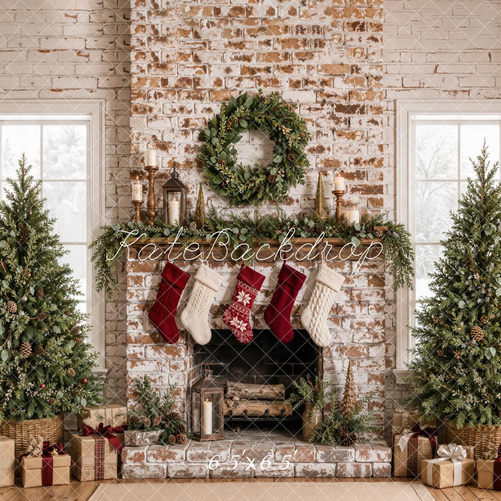 Kate Christmas Distressed Brick Fireplace Christmas Trees Wreath Printed Backdrop Designed by Emetselch