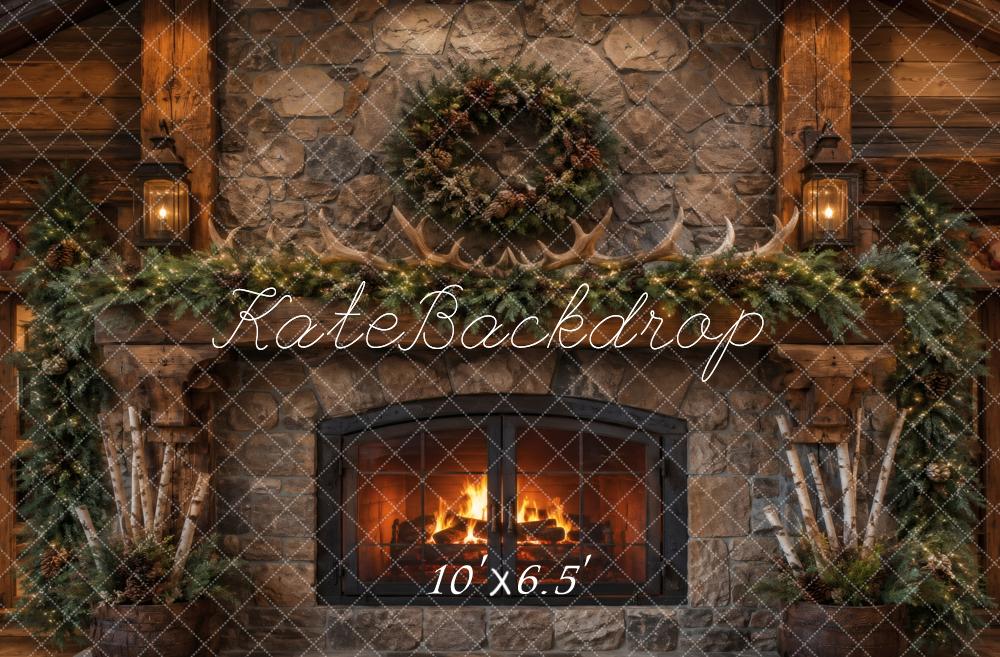 Kate Christmas Rustic Stone Fireplace Wreath Garland Antlers Lanterns Printed Backdrop Designed by Vertigo Productions