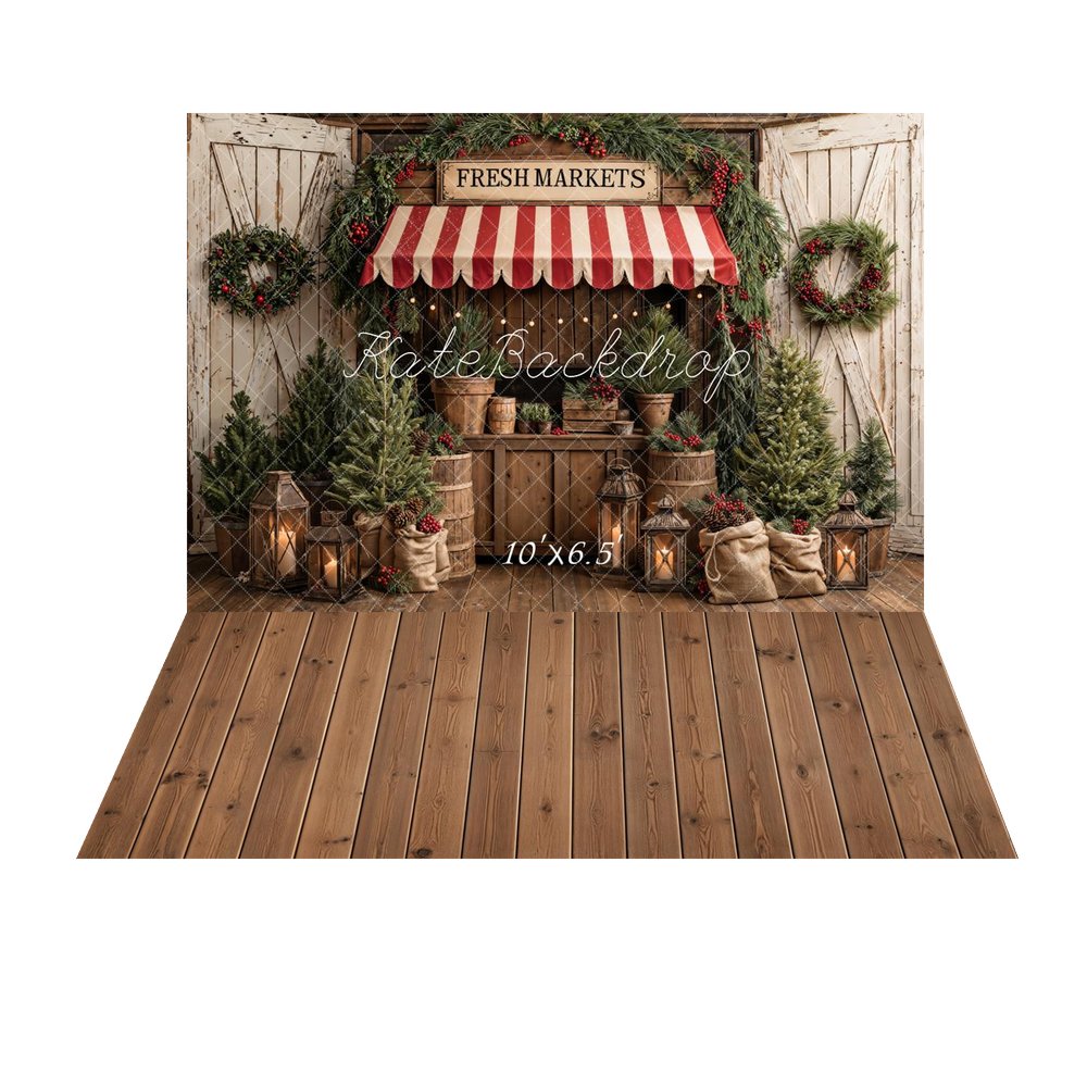 Kate Christmas Market Pine Trees Wreath Lanterns Barrels Printed Backdrop+Brown Wooden Plank Floor Printed Backdrop