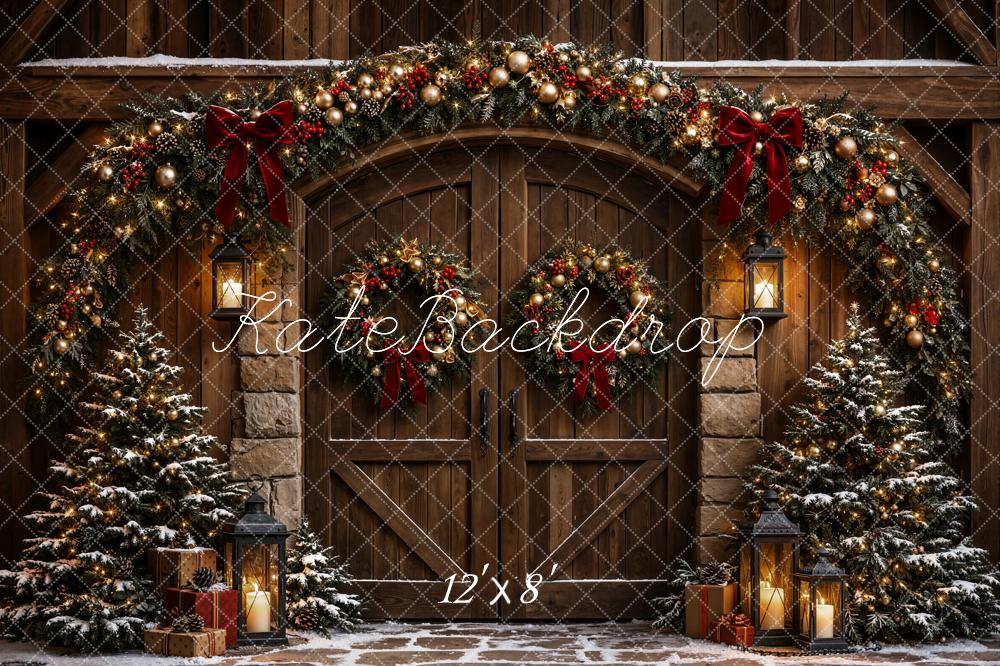 Kate Christmas Rustic Cabin Door Garland Printed Backdrop Designed by Emetselch