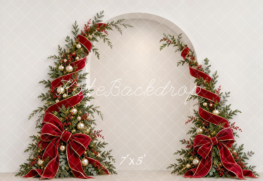 Kate Christmas Arch Red Ribbon Bow Garland White Wall Printed Backdrop Designed by Emetselch