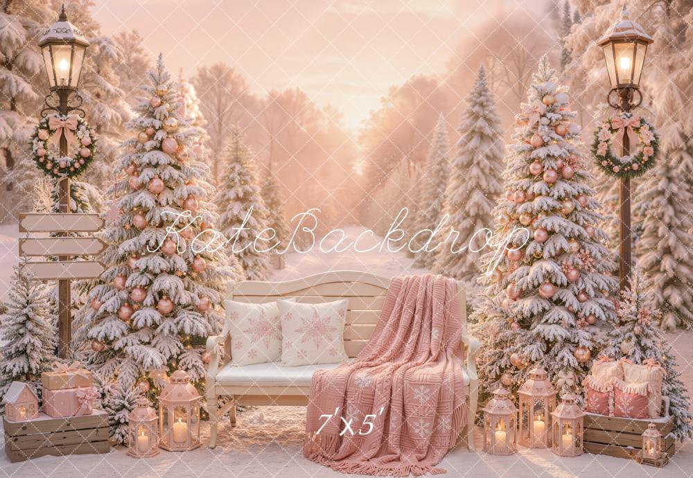 Kate Christmas Snowy Trees Bench Pink Gifts Outdoor Printed Backdrop Designed by Emetselch