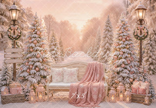 Kate Christmas Snowy Trees Bench Pink Gifts Outdoor Printed Backdrop Designed by Emetselch