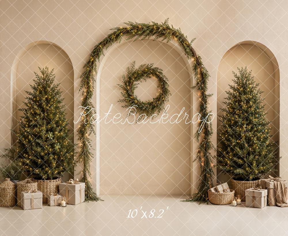 Kate Christmas Neutral Arch Wall Wreath Trees Gifts Printed Backdrop Designed by Emetselch