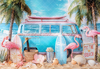 Kate Summer Beach Flamingo Van Printed Backdrop Designed by Emetselch