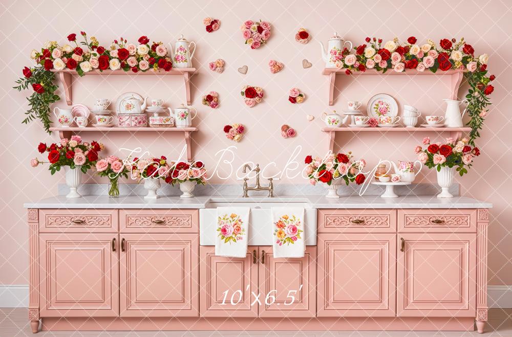Kate Valentine's Day Pink Flower Arch Kitchen Cabinets and Shelves Printed Backdrop Designed by Patty Roberts