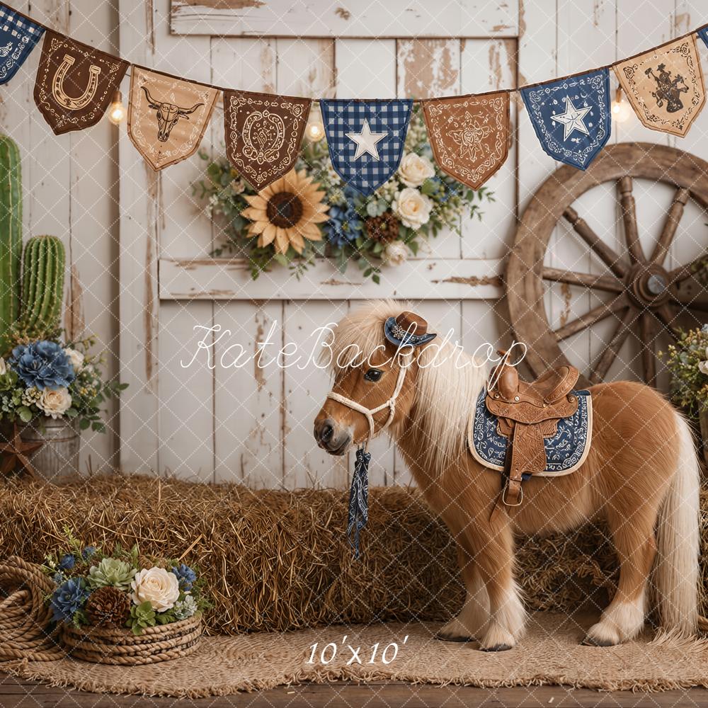Kate Western Barn Pony Hay Bales Cactus Wagon Wheel Printed Backdrop Designed by Emetselch