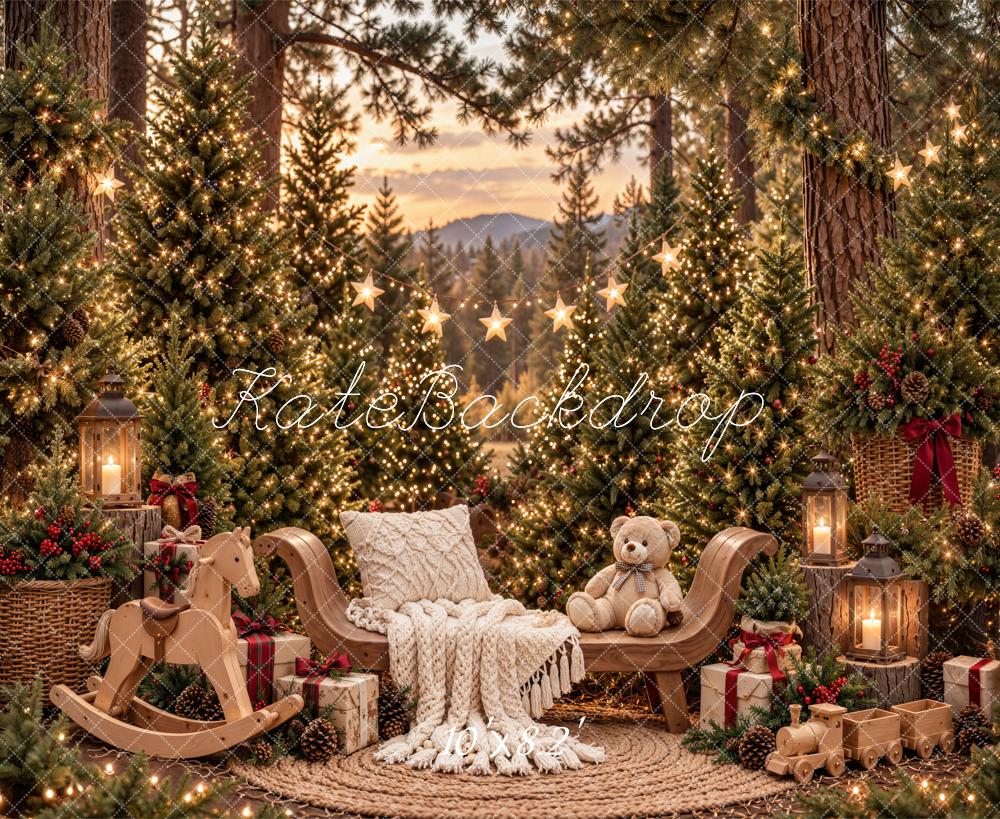 Kate Christmas Forest Cozy Rocking Horse Teddy Bear Printed Backdrop Designed by Emetselch