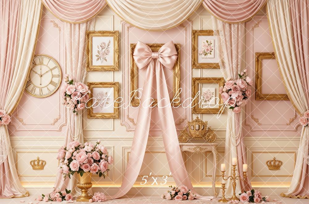 Kate Vintage Pink Bow Curtains Floral Gold Frame Wall Printed Backdrop Designed by Patty Roberts
