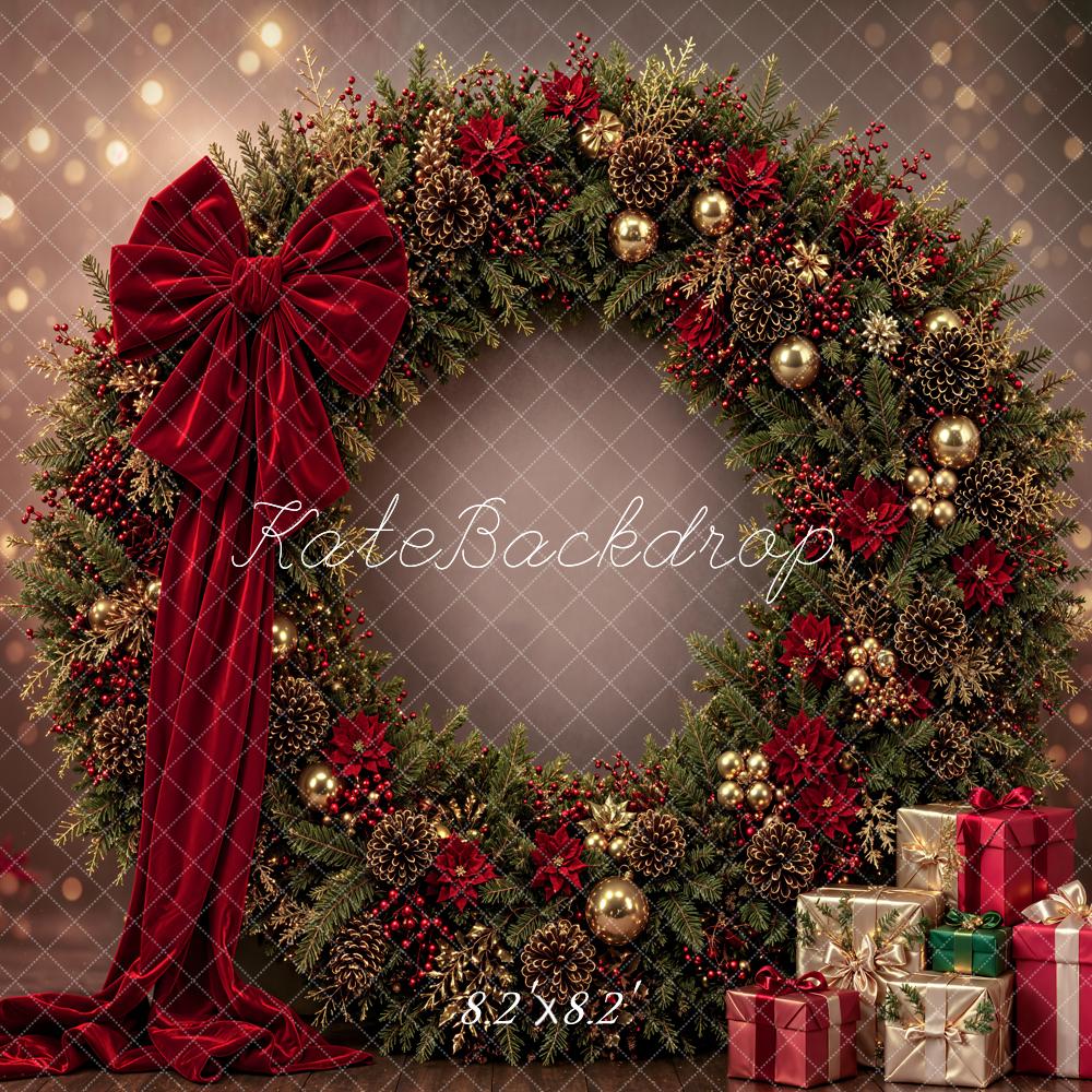 Kate Christmas Large Wreath Red Bow Presents Printed Backdrop Designed by Emetselch