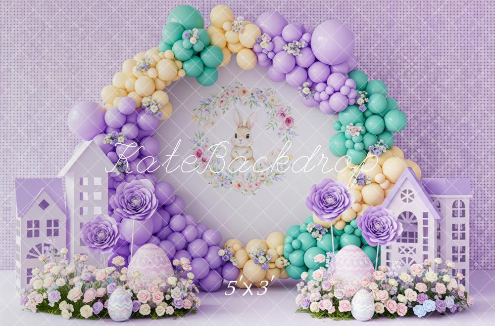 Kate Easter Bunny Balloon Arch Pastel Houses Printed Backdrop Designed by Patty Roberts