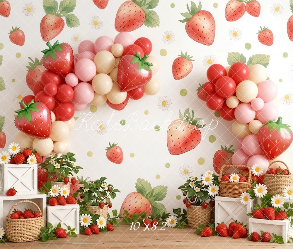 Kate Summer Strawberry Balloon Arch Daisy Basket Printed Backdrop Designed by Emetselch