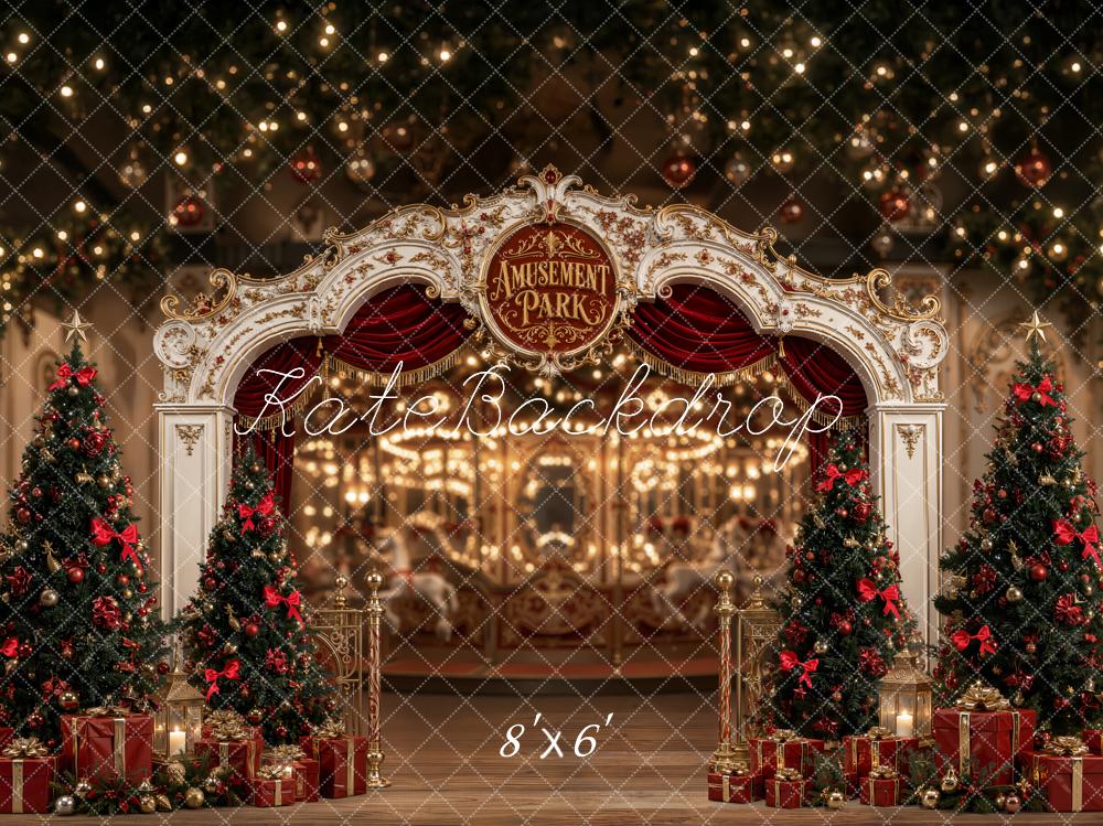Kate Christmas Amusement Park Arch Christmas Trees Printed Backdrop Designed by Emetselch