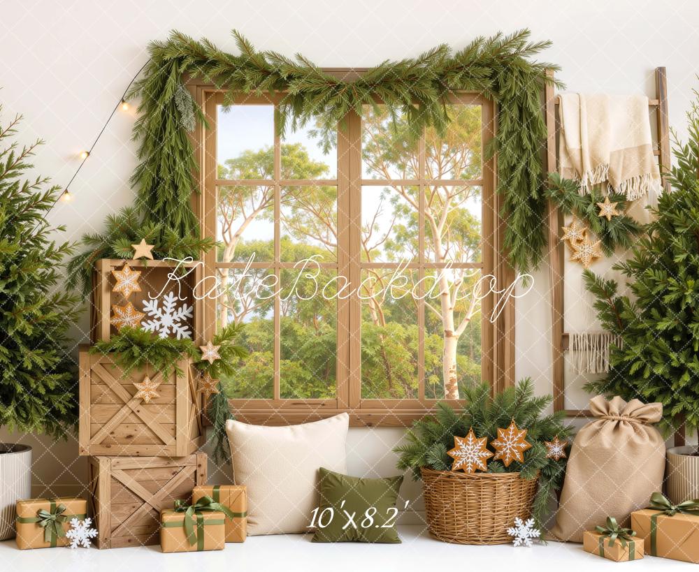 Kate Christmas Australian Rustic Window Evergreen Garland Gifts Printed Backdrop Designed by Mini MakeBelieve