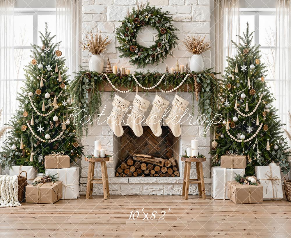 Kate Christmas Trees Fireplace Wreath Garland Gifts White Stockings Printed Backdrop Designed by Emetselch