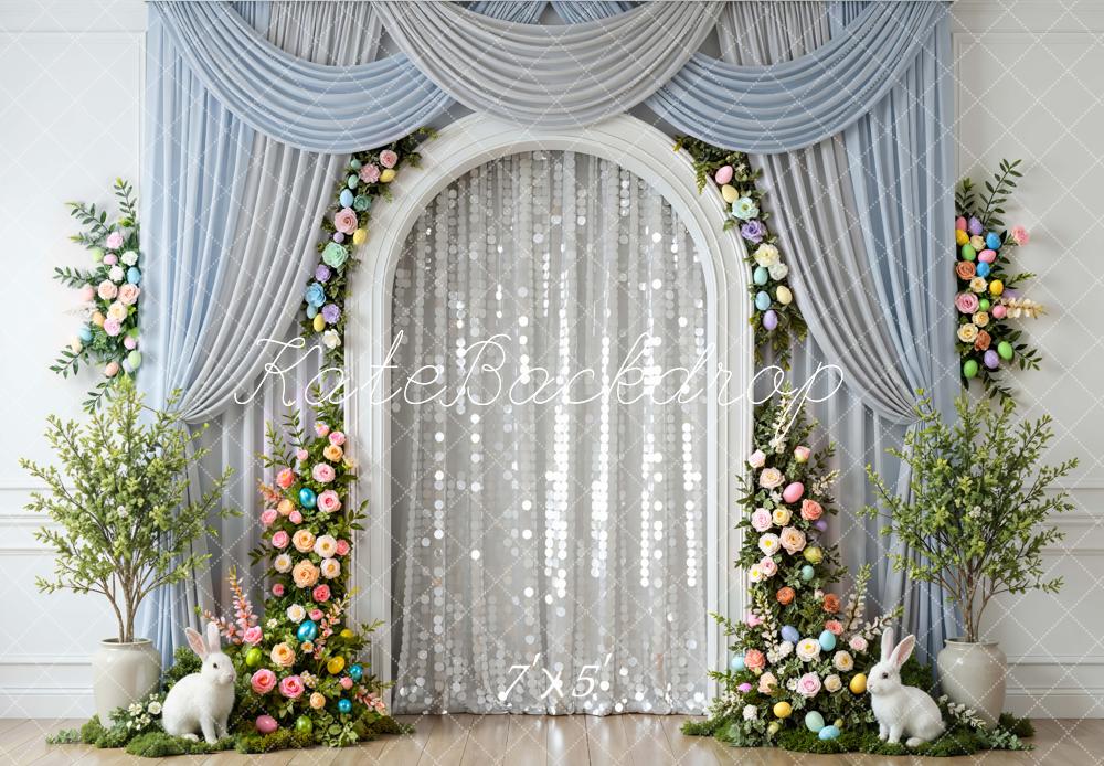 Kate Easter Bunny Floral Arch Blue Curtains Backdrop Designed by Mini MakeBelieve