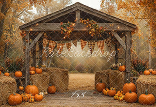 Kate Fall Forest Pumpkin Barn Arch Hay Printed Backdrop Designed by Emetselch
