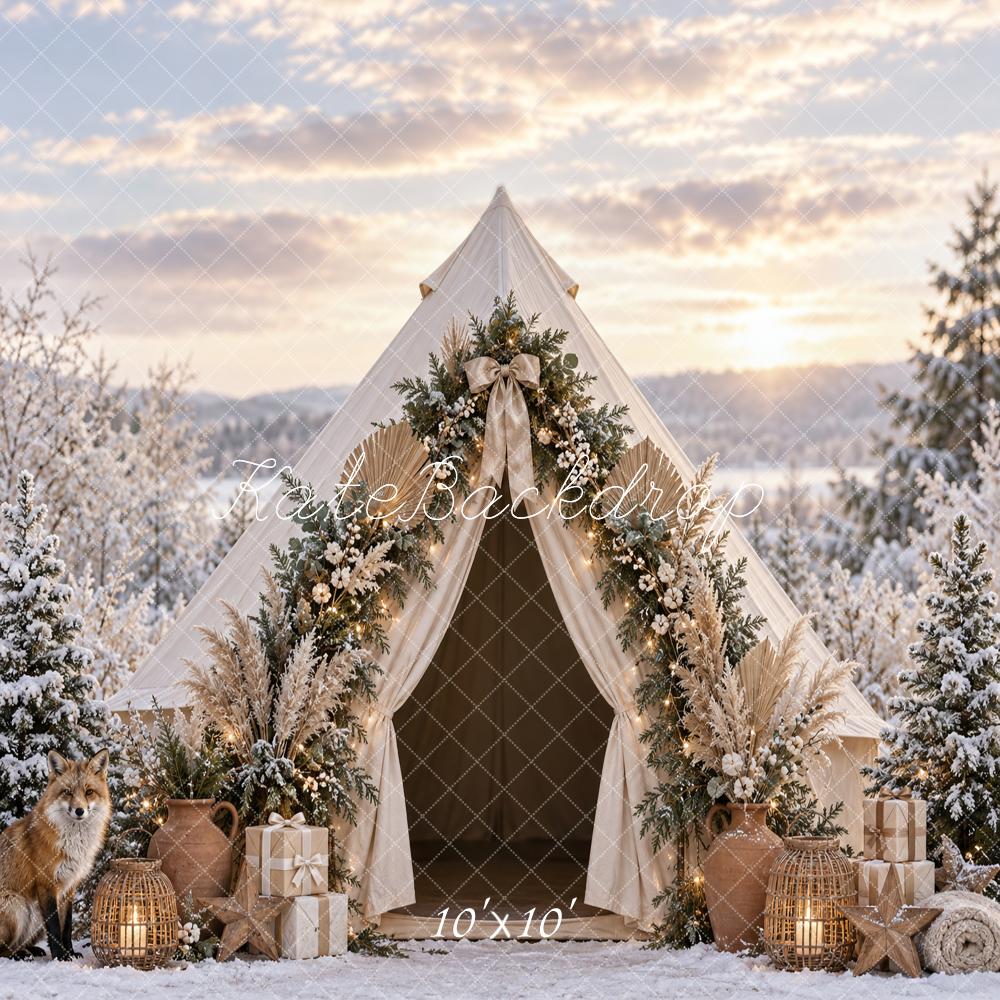 Kate Christmas Boho Tent Snowy Forest Fox Printed Backdrop Designed by Vertigo Productions