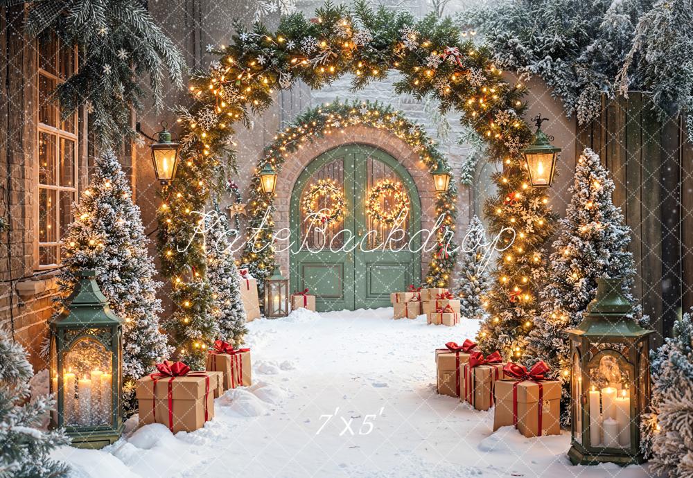 Kate Christmas Garland Archway Snowy Trees Green Doors Backdrop Designed by Emetselch