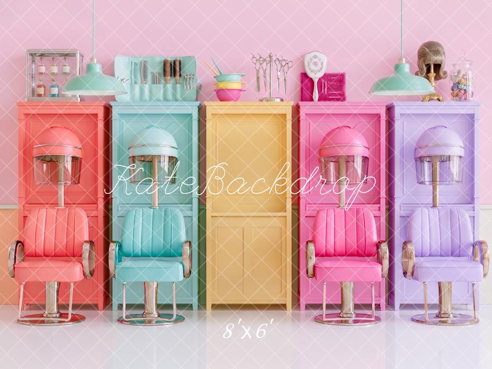 Kate Hair Salon Girls Colorful Beauty Chairs Cabinets Printed Backdrop Designed by Angela Miller