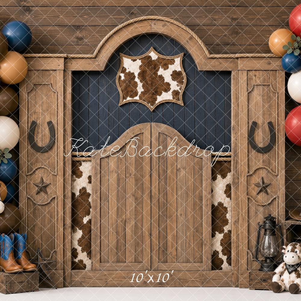 Kate Birthday Western Cowboy Barn Door Balloon Garland Cowhide Printed Backdrop Designed by Shutter Swan Studios