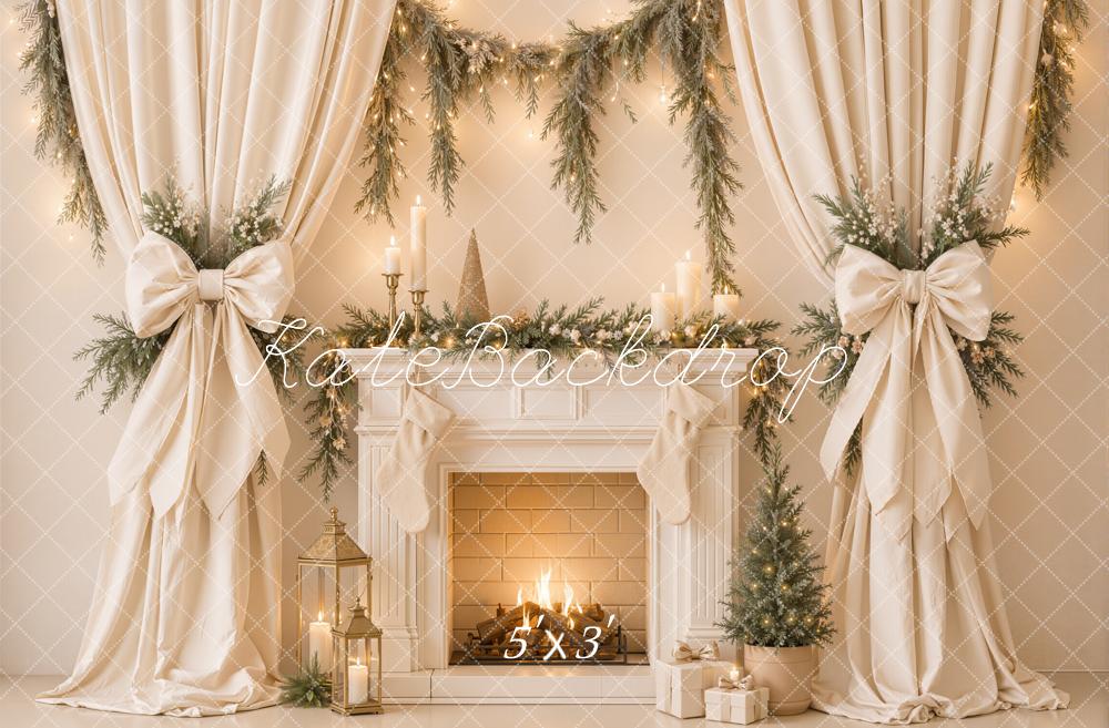 Kate Christmas Fireplace White Drapes Bow Garland Tree Printed Backdrop Designed by Emetselch