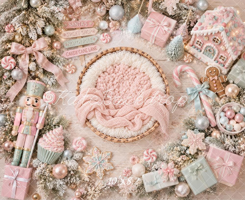Kate Christmas Newborn Pink Pastel Candy Gingerbread Nutcracker Printed Backdrop Designed by Laura Bybee