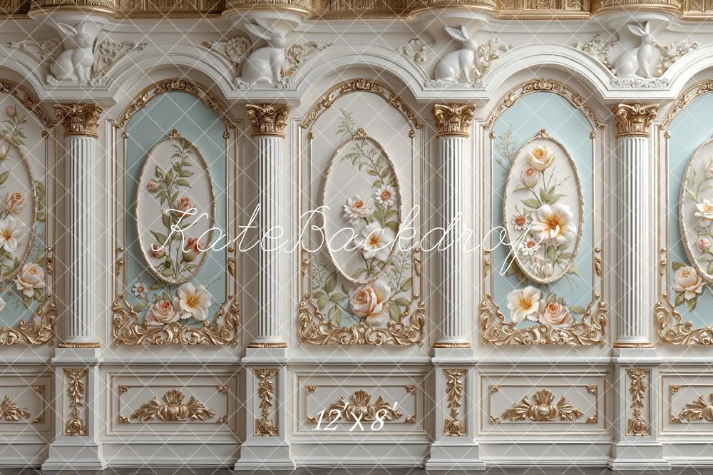 Kate Spring Ornate Floral Panel Column Rabbit Printed Backdrop Designed by Mini MakeBelieve