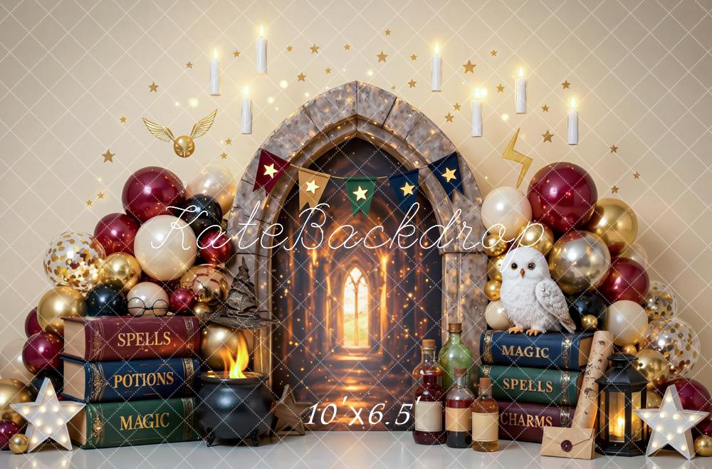 Kate Cake Smash Magic Castle Arch Balloons Spells Books Owl Printed Backdrop Printed Backdrop Designed by Mini MakeBelieve