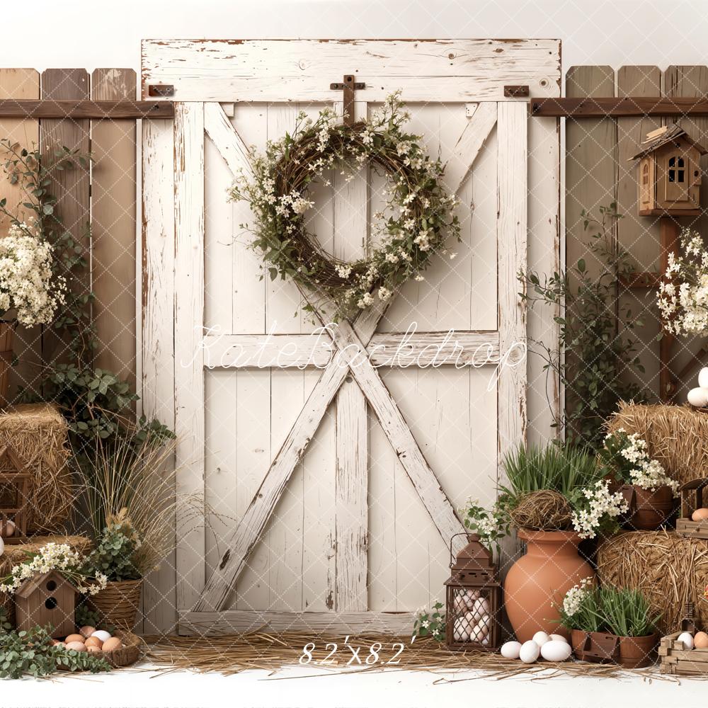 Kate Easter Rustic Barn Door Hay Bales Eggs Chickens Flowers Backdrop Designed by Emetselch