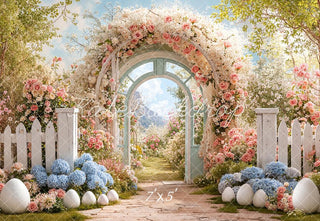 Kate Easter Bunny Flower Arch Pastel Garden Printed Backdrop Designed by Chain Photography