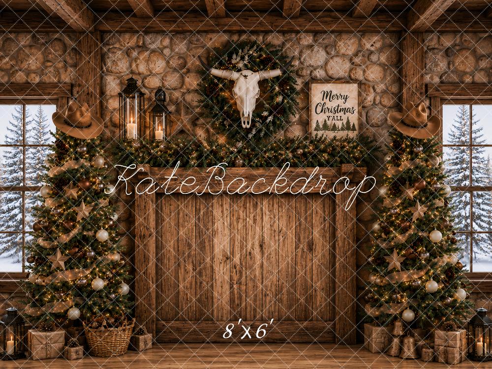 Kate Christmas Headboard Western Cow Skull Christmas Trees Stone Wall Printed Backdrop Designed by Ashley Paul