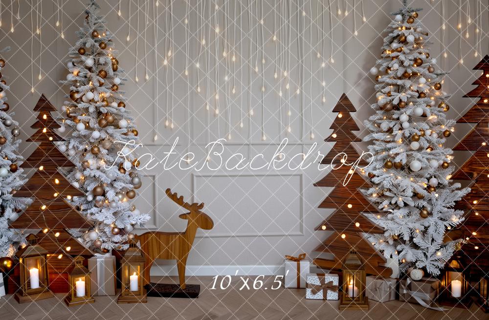 Kate Christmas Trees Wooden Reindeer Lanterns Printed Backdrop Designed by Fantasyphotoart