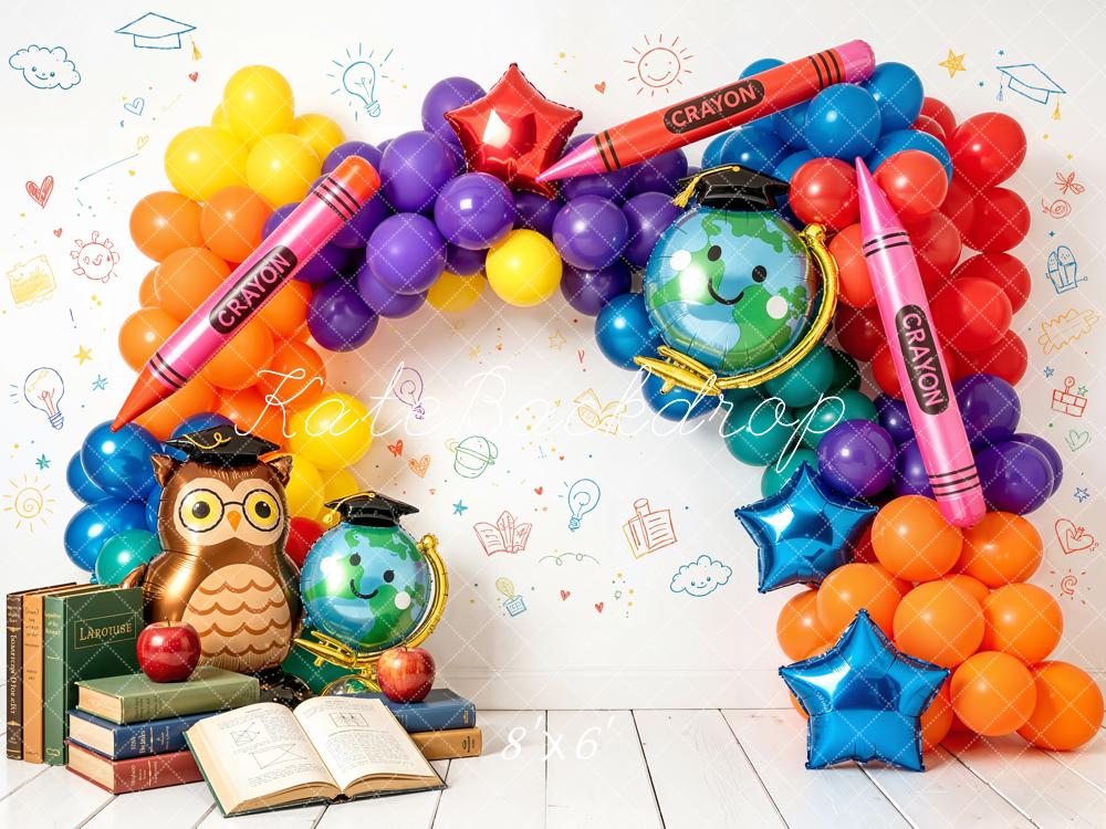 Kate Back To School Balloon Arch Crayons Globe Owl Books Printed Backdrop Designed by Emetselch