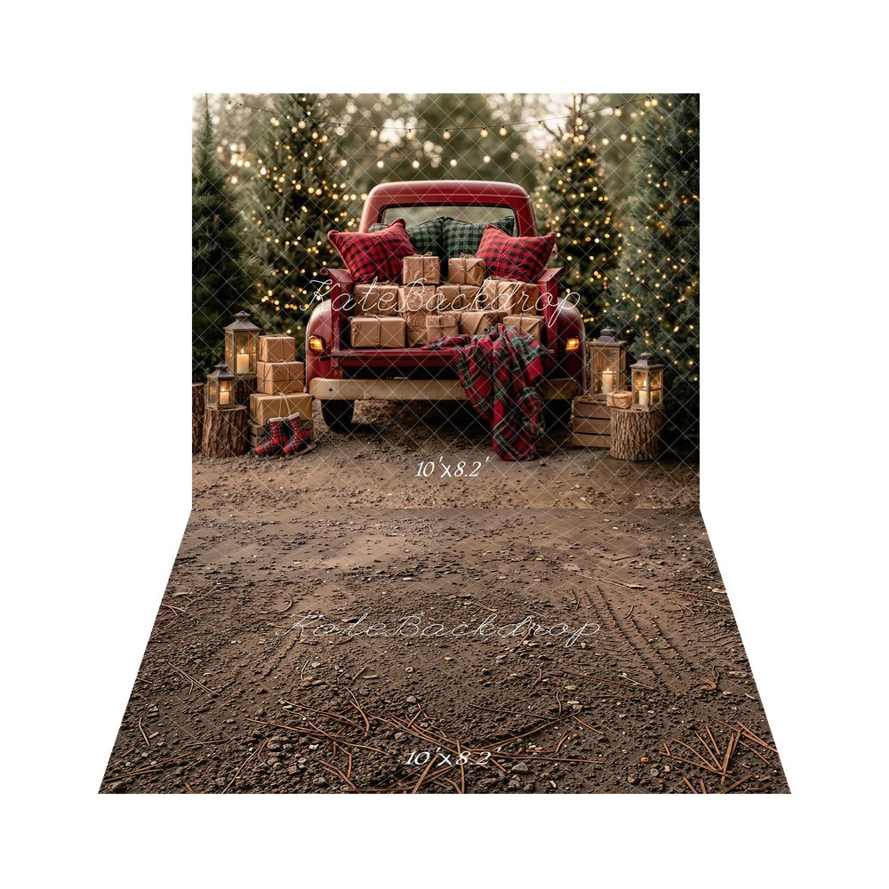 Kate Christmas Red Truck Presents Pine Trees Lanterns Plaid Blanket Printed Backdrop+Brown Dirt Gravel Tire Track Floor Printed Backdrop